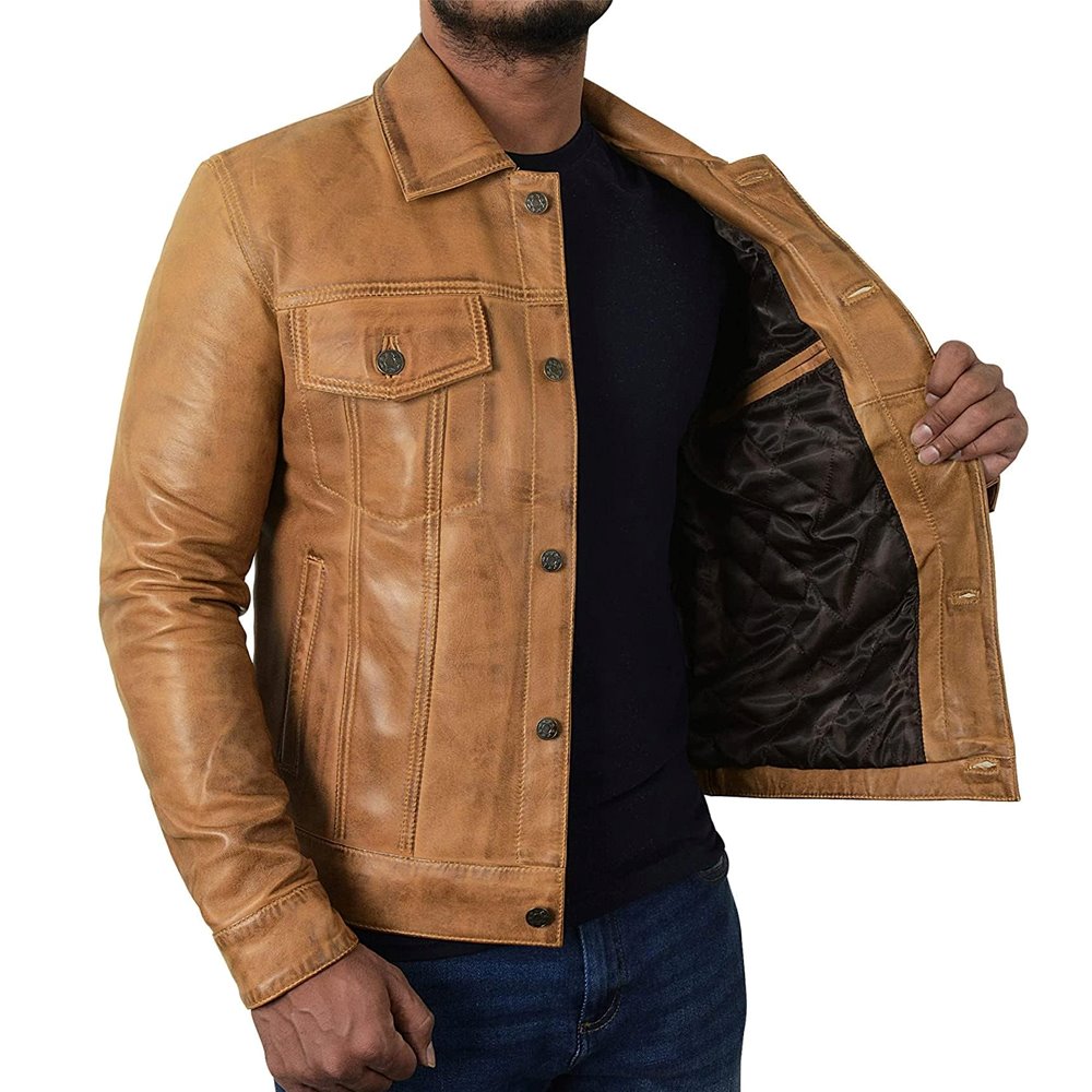 Trucker Vintage Style Real Lambskin Leather Jacket for Men