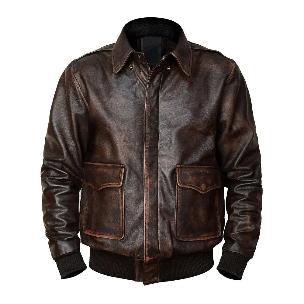 A2 Aviator Distressed  Cowhide Brown Bomber Genuine Leather Jacket For Men