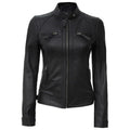 Black Quilted Café Racer Leather Jacket for Women