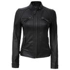 Black Quilted Café Racer Leather Jacket for Women