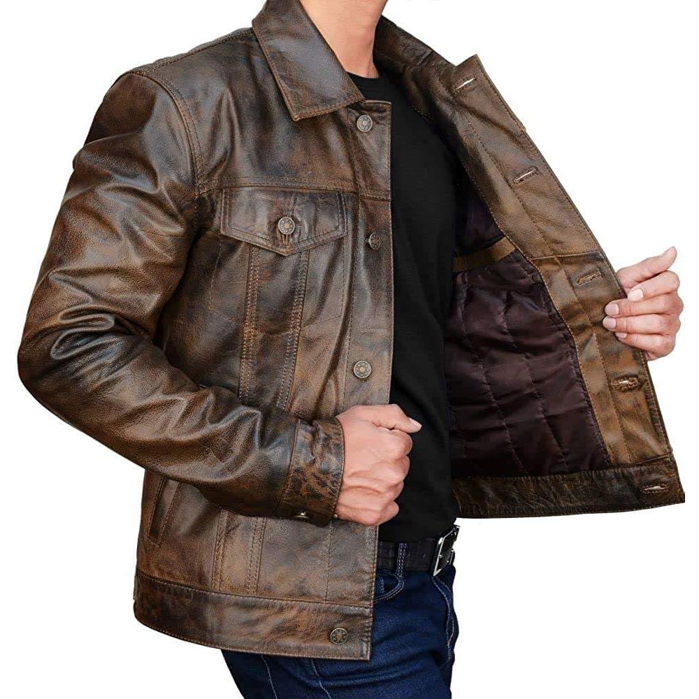 Trucker Vintage Style Real Lambskin Leather Jacket for Men