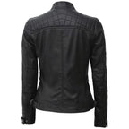 Black Quilted Café Racer Leather Jacket for Women