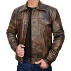 Trucker Vintage Style Real Lambskin Leather Jacket for Men
