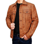 Trucker Vintage Style Real Lambskin Leather Jacket for Men
