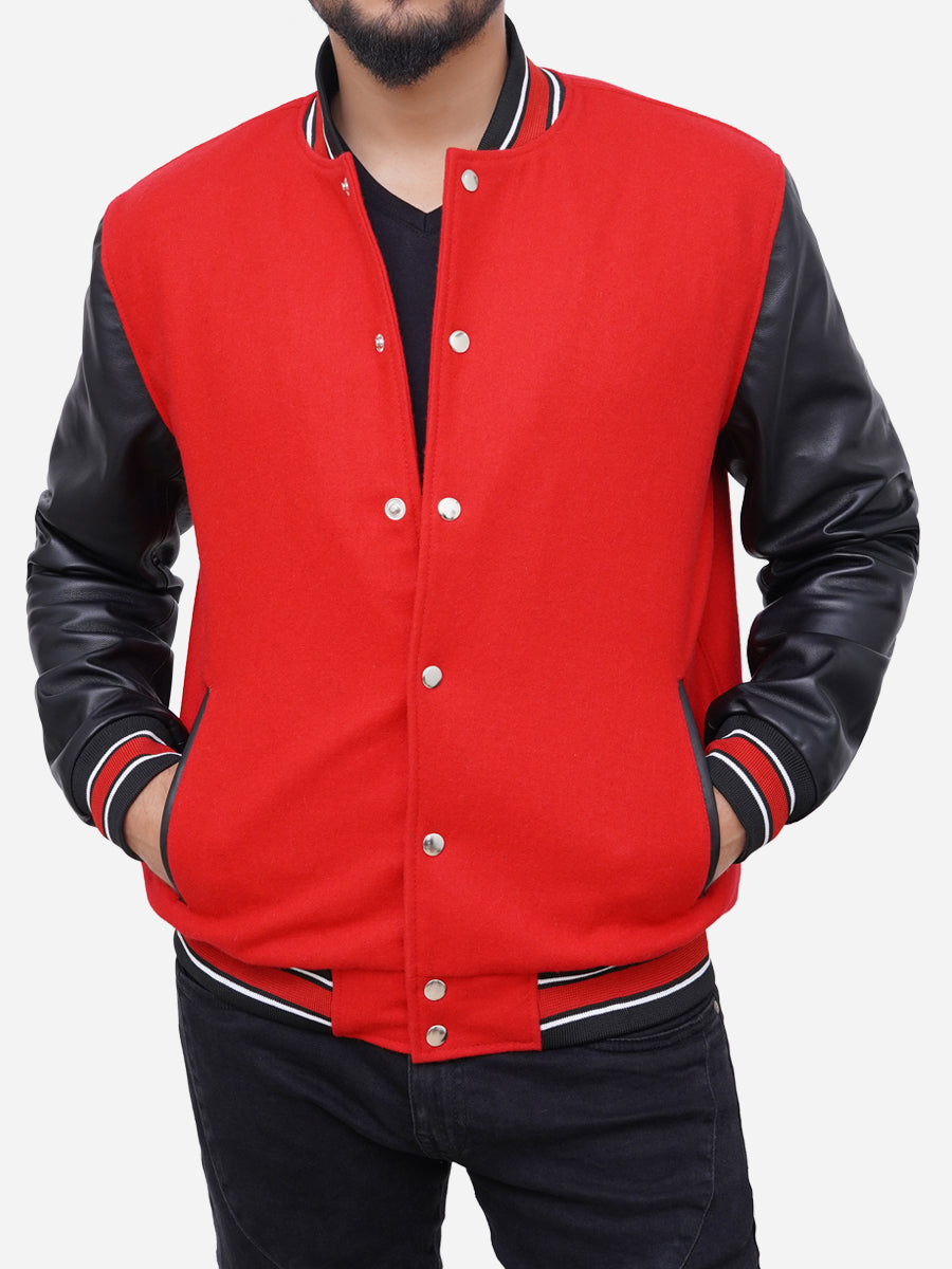 Izael Wool Blended Red and Black Varsity Jacket Daroosh