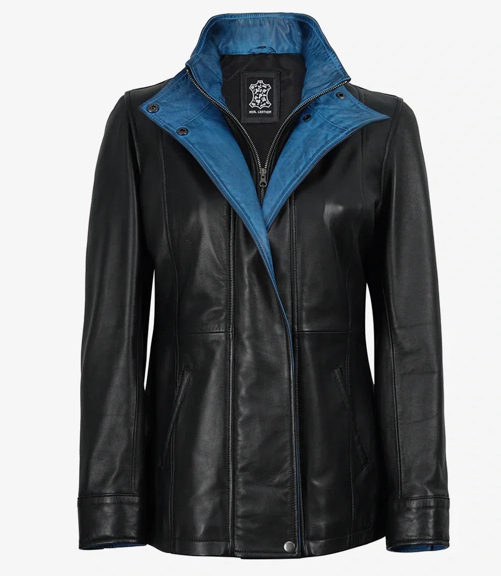 Erin Women's High-Collar Black Leather Jacket With Blue Waxed Details