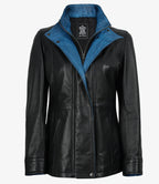 Erin Women's High-Collar Black Leather Jacket With Blue Waxed Details
