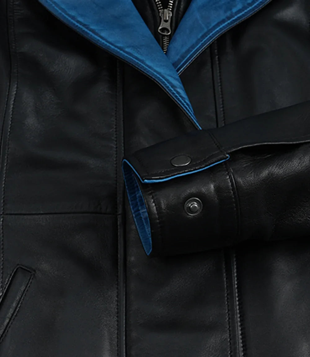 Erin Women's High-Collar Black Leather Jacket With Blue Waxed Details