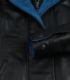 Erin Women's High-Collar Black Leather Jacket With Blue Waxed Details