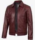 Mens Classic Shirt Collar Burgundy Harrington Leather Jacket