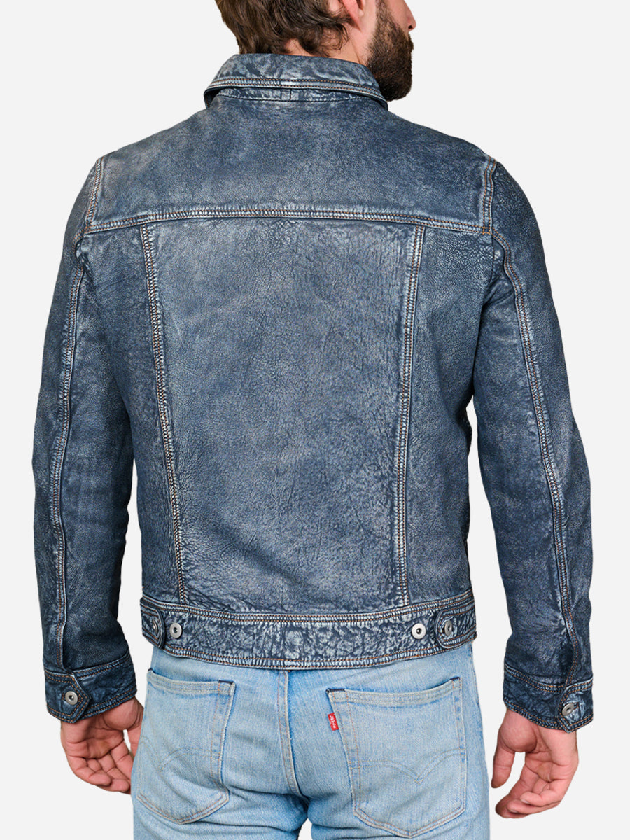 Hudson Trucker Blue Leather Jacket Daroosh
