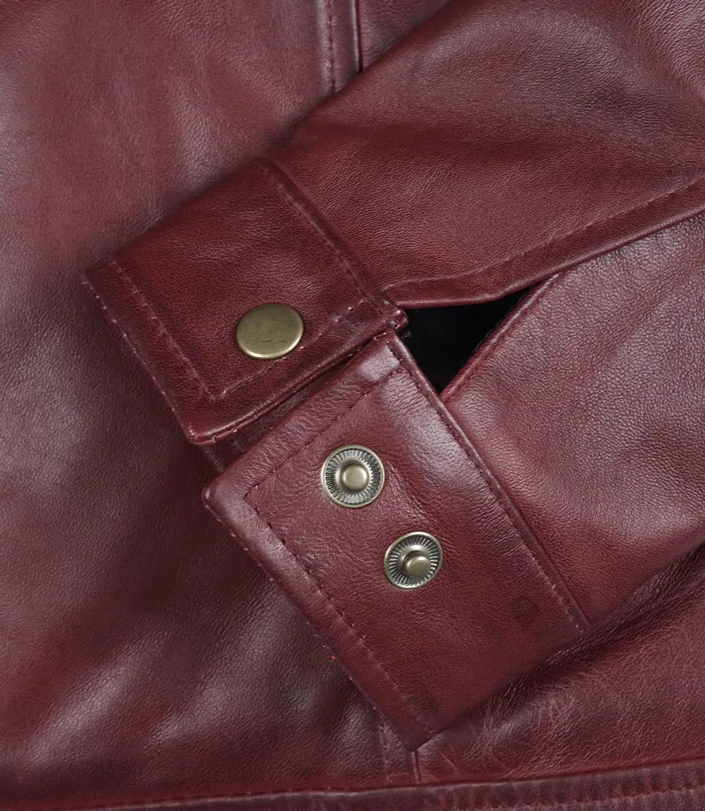 Mens Classic Shirt Collar Burgundy Harrington Leather Jacket