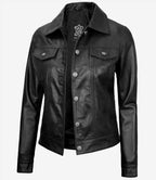 Women's Black Lambskin Leather Four-Pocket Trucker Jacket