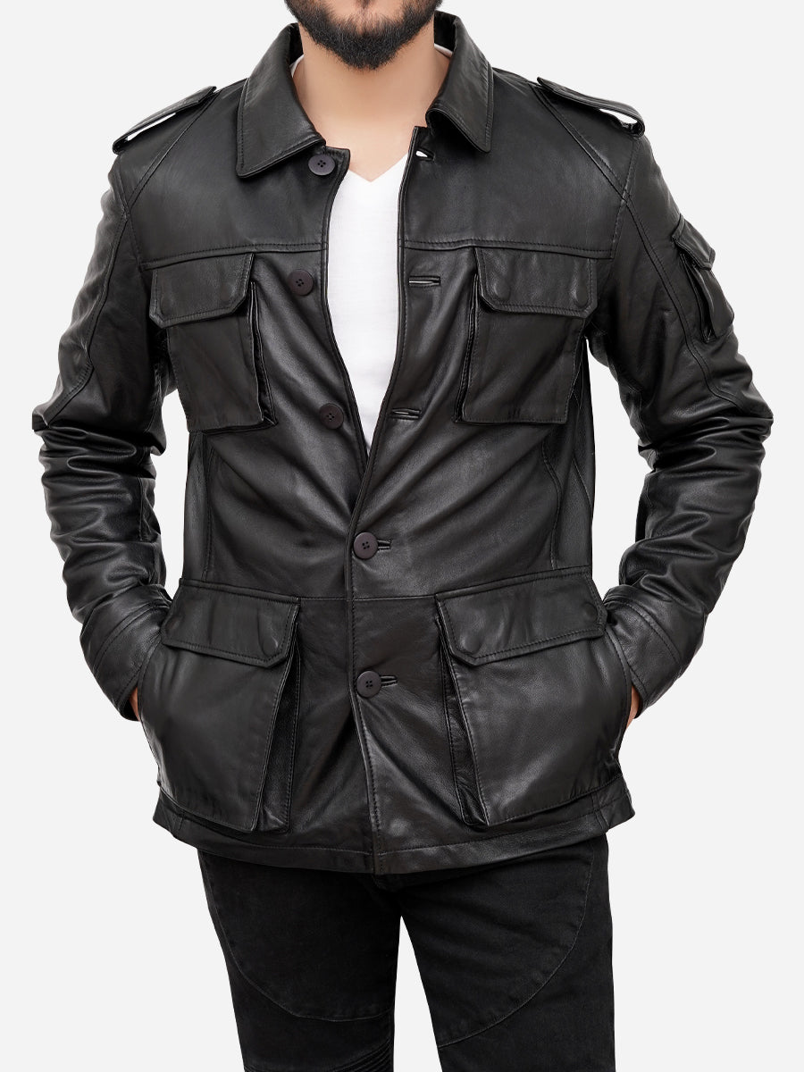 Jasiel Classic Sheepskin Vintage Black Leather Jacket Daroosh