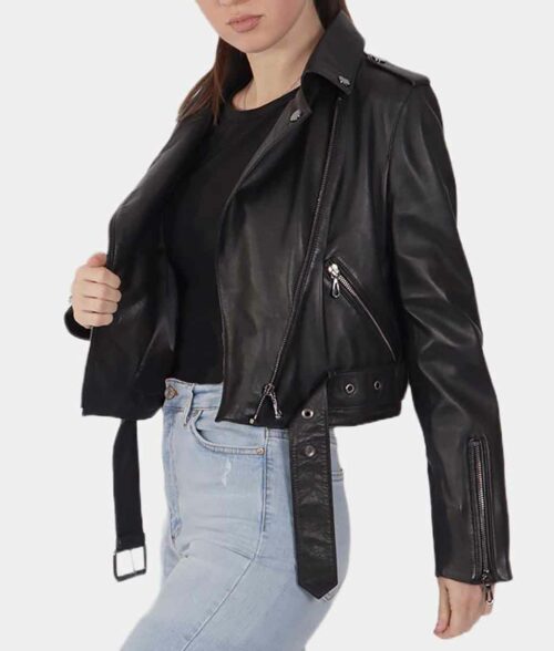 Women Black Leather Biker Jacket Daroosh