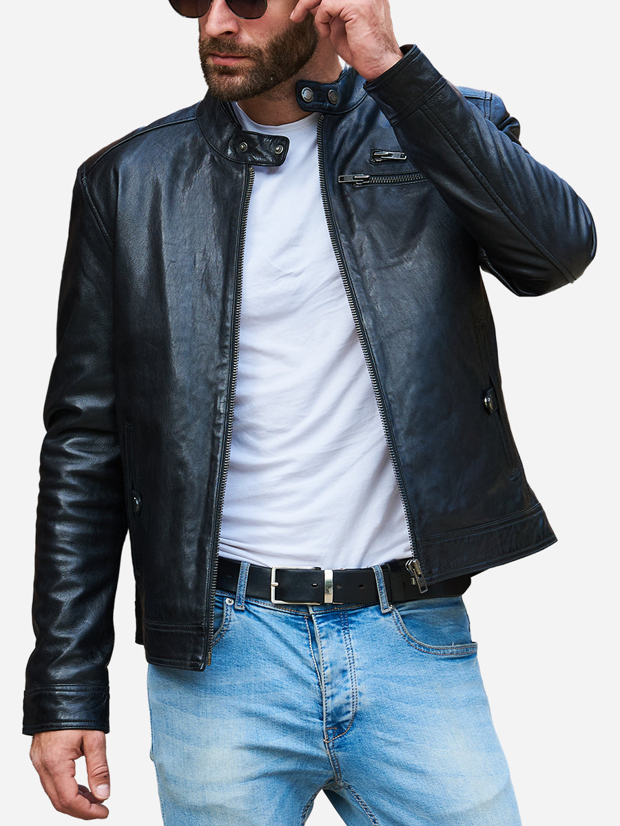 Jasiel Sheepskin Black Leather Racer Jacket Daroosh