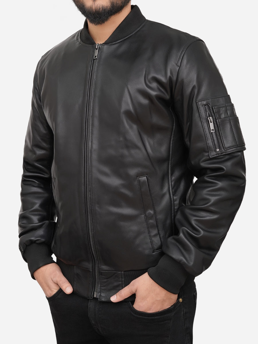 Griffin Black Bomber Leather Jacket Daroosh