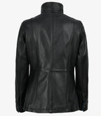 Erin Women's High-Collar Black Leather Jacket With Blue Waxed Details