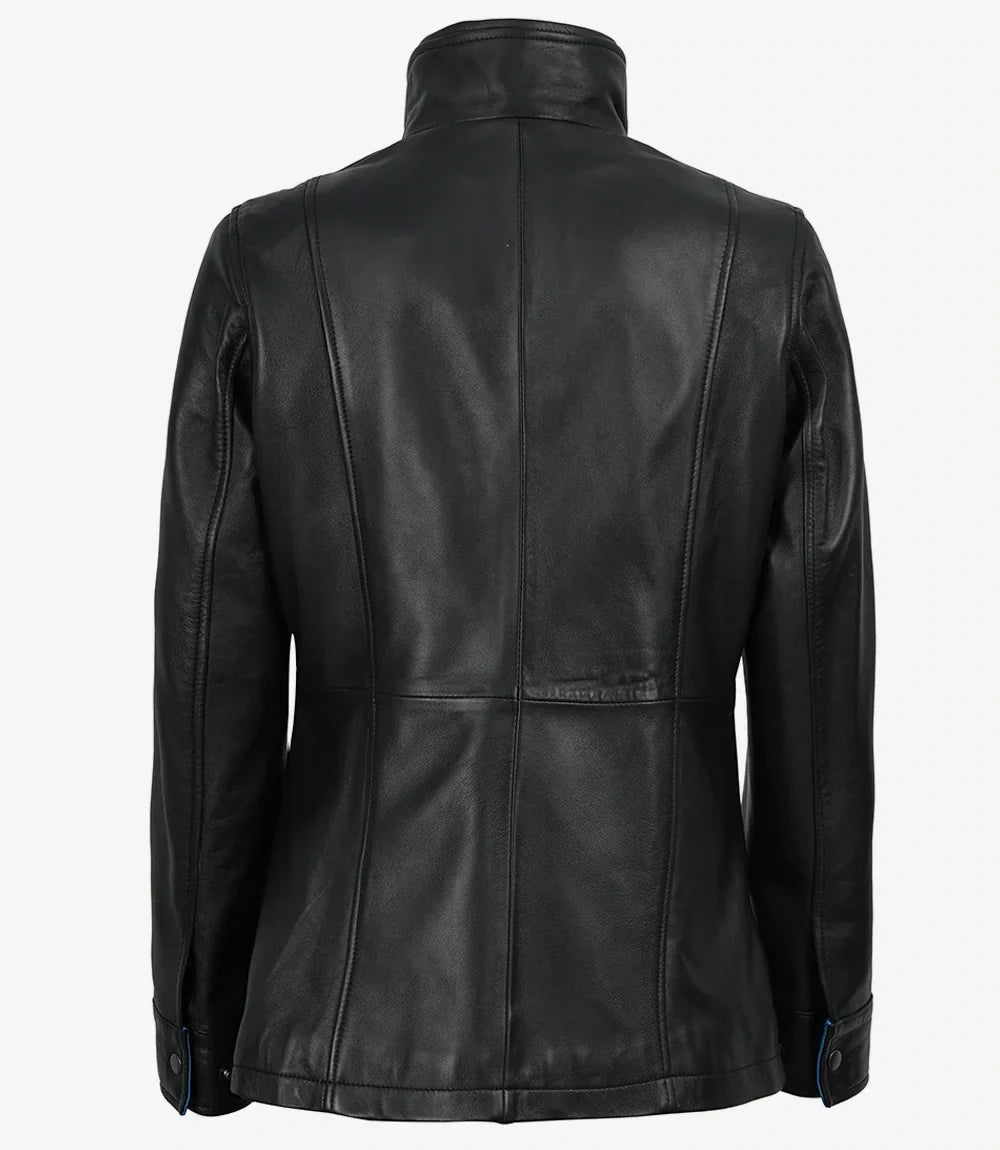 Erin Women's High-Collar Black Leather Jacket With Blue Waxed Details