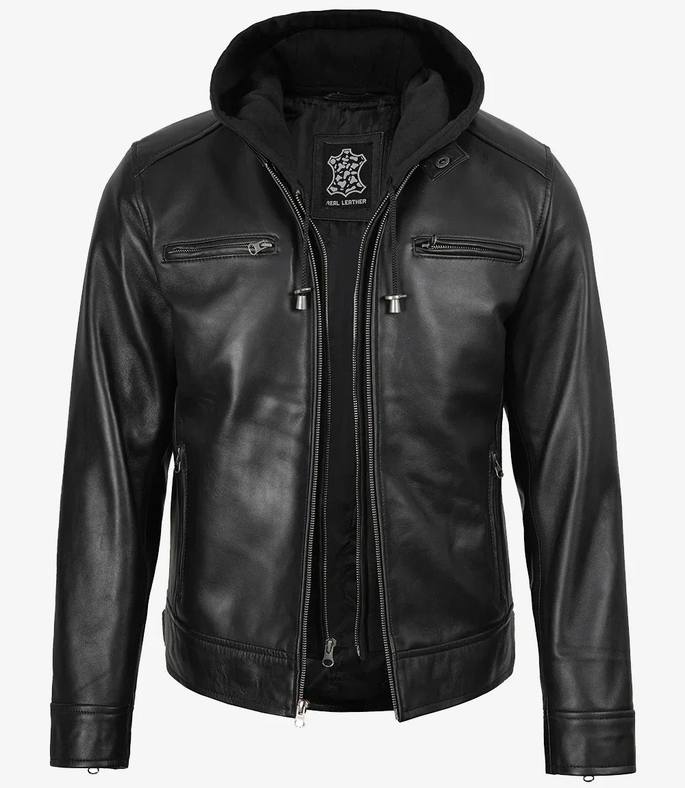 Men's Black Leather Jacket with Removable Hood