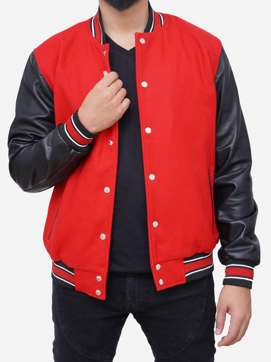 Izael Wool Blended Red and Black Varsity Jacket Daroosh