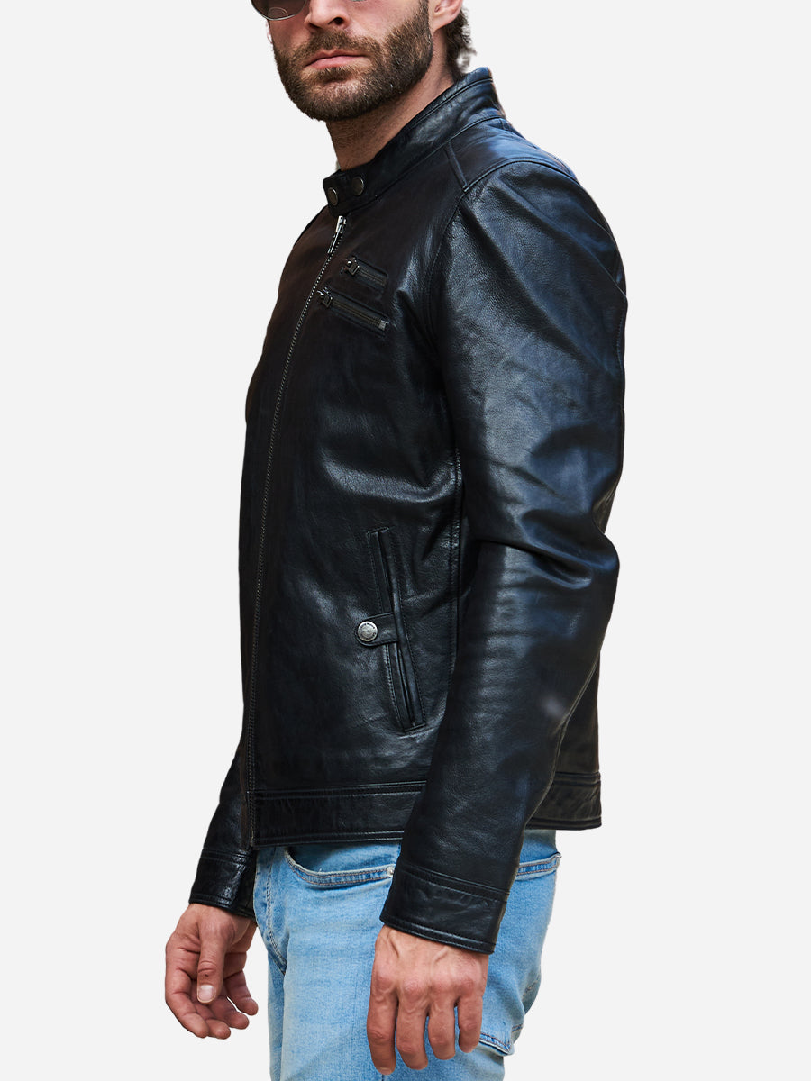 Jasiel Sheepskin Black Leather Racer Jacket Daroosh