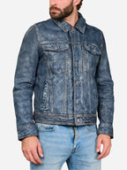 Hudson Trucker Blue Leather Jacket Daroosh