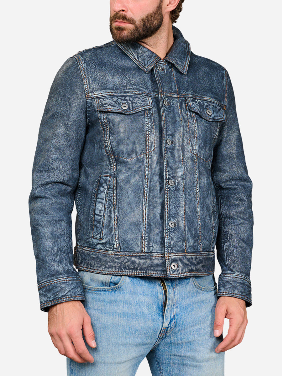 Hudson Trucker Blue Leather Jacket Daroosh