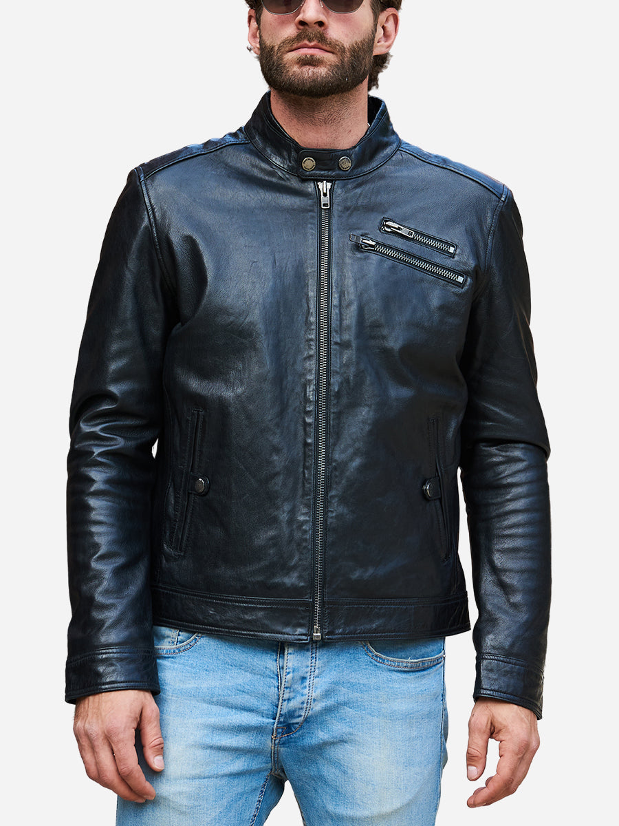 Jasiel Sheepskin Black Leather Racer Jacket Daroosh