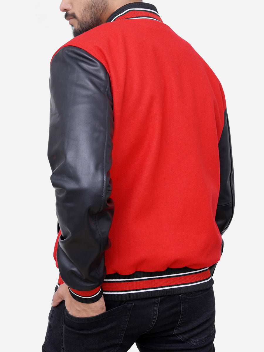 Izael Wool Blended Red and Black Varsity Jacket Daroosh