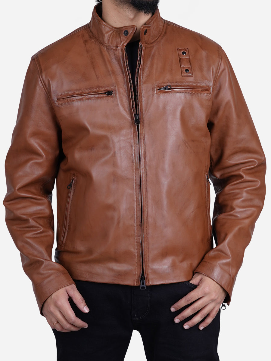 Jakub Men's Distressed Brown Motorcycle Leather Jacket Daroosh