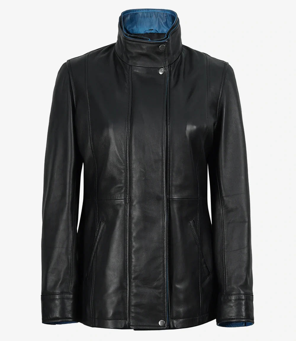 Erin Women's High-Collar Black Leather Jacket With Blue Waxed Details