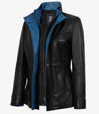 Erin Women's High-Collar Black Leather Jacket With Blue Waxed Details
