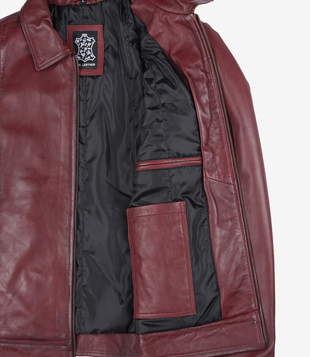 Mens Classic Shirt Collar Burgundy Harrington Leather Jacket