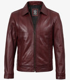 Mens Classic Shirt Collar Burgundy Harrington Leather Jacket