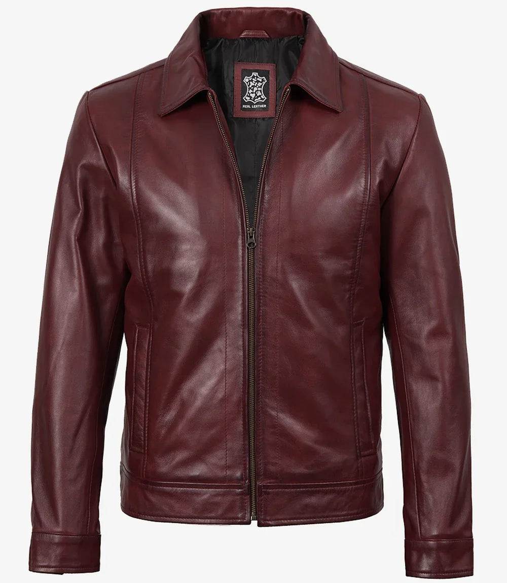 Mens Classic Shirt Collar Burgundy Harrington Leather Jacket