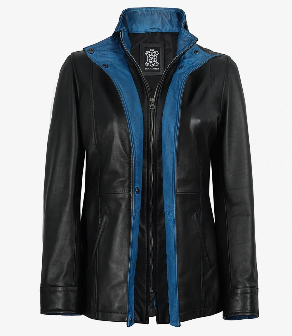 Erin Women's High-Collar Black Leather Jacket With Blue Waxed Details