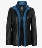 Erin Women's High-Collar Black Leather Jacket With Blue Waxed Details