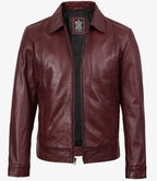 Mens Classic Shirt Collar Burgundy Harrington Leather Jacket