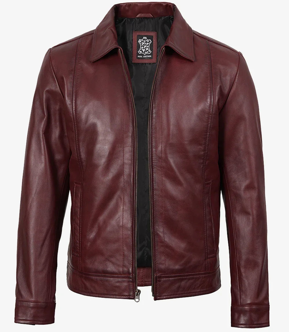 Mens Classic Shirt Collar Burgundy Harrington Leather Jacket