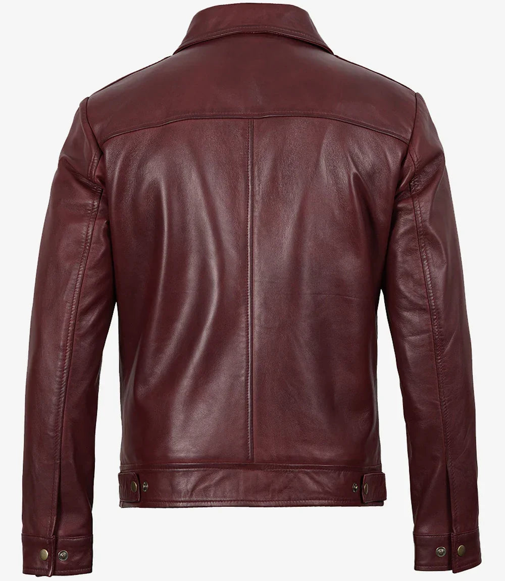 Mens Classic Shirt Collar Burgundy Harrington Leather Jacket
