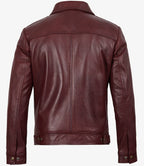 Mens Classic Shirt Collar Burgundy Harrington Leather Jacket