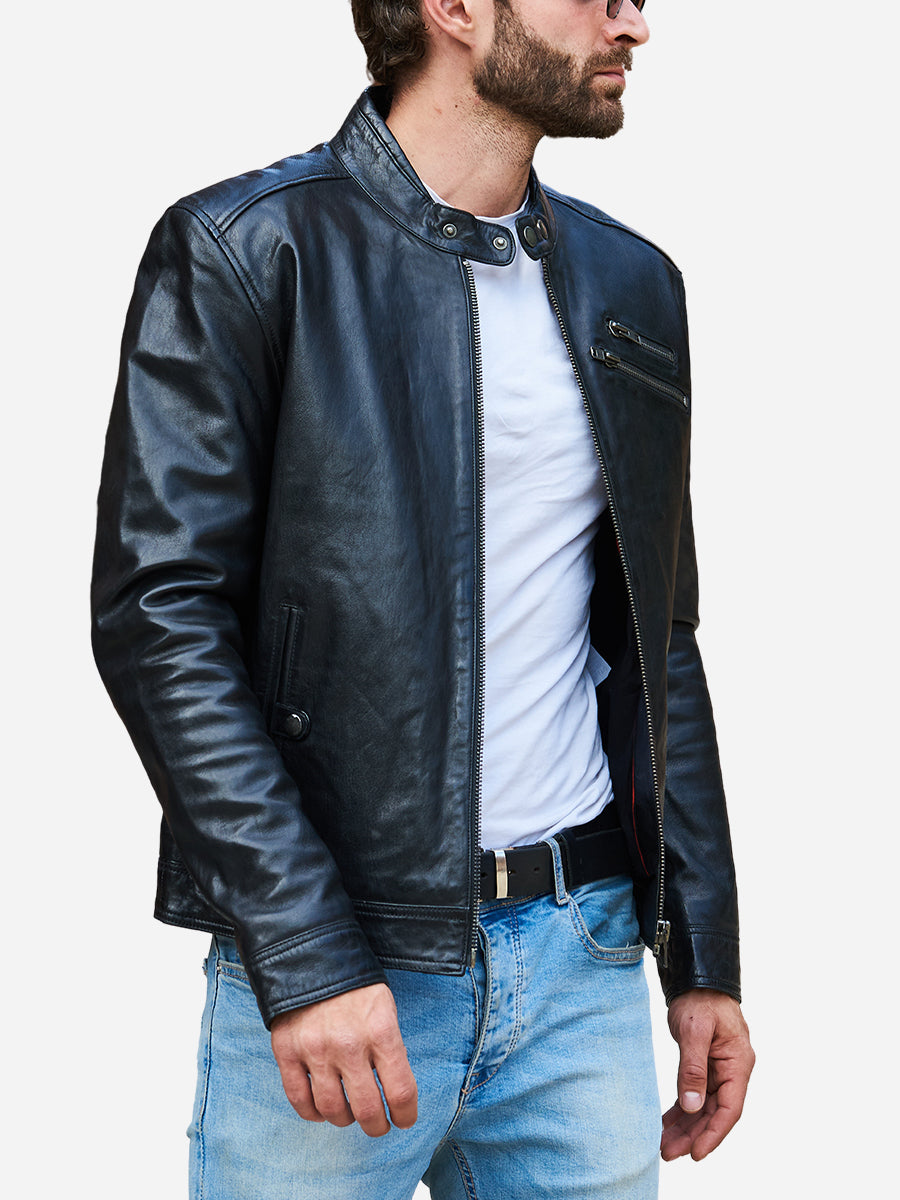 Jasiel Sheepskin Black Leather Racer Jacket Daroosh