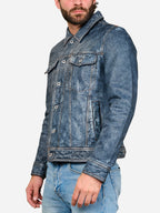 Hudson Trucker Blue Leather Jacket Daroosh