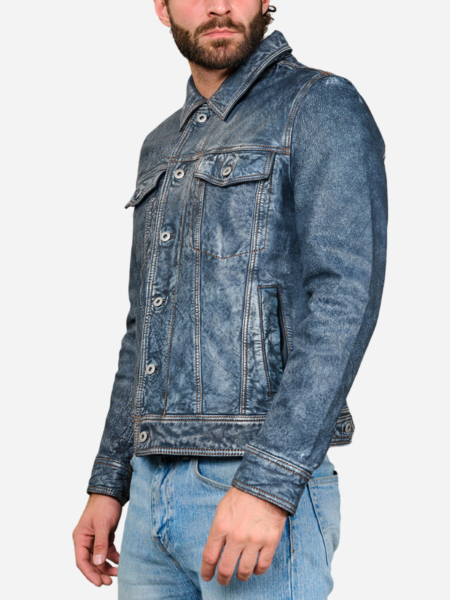 Hudson Trucker Blue Leather Jacket Daroosh