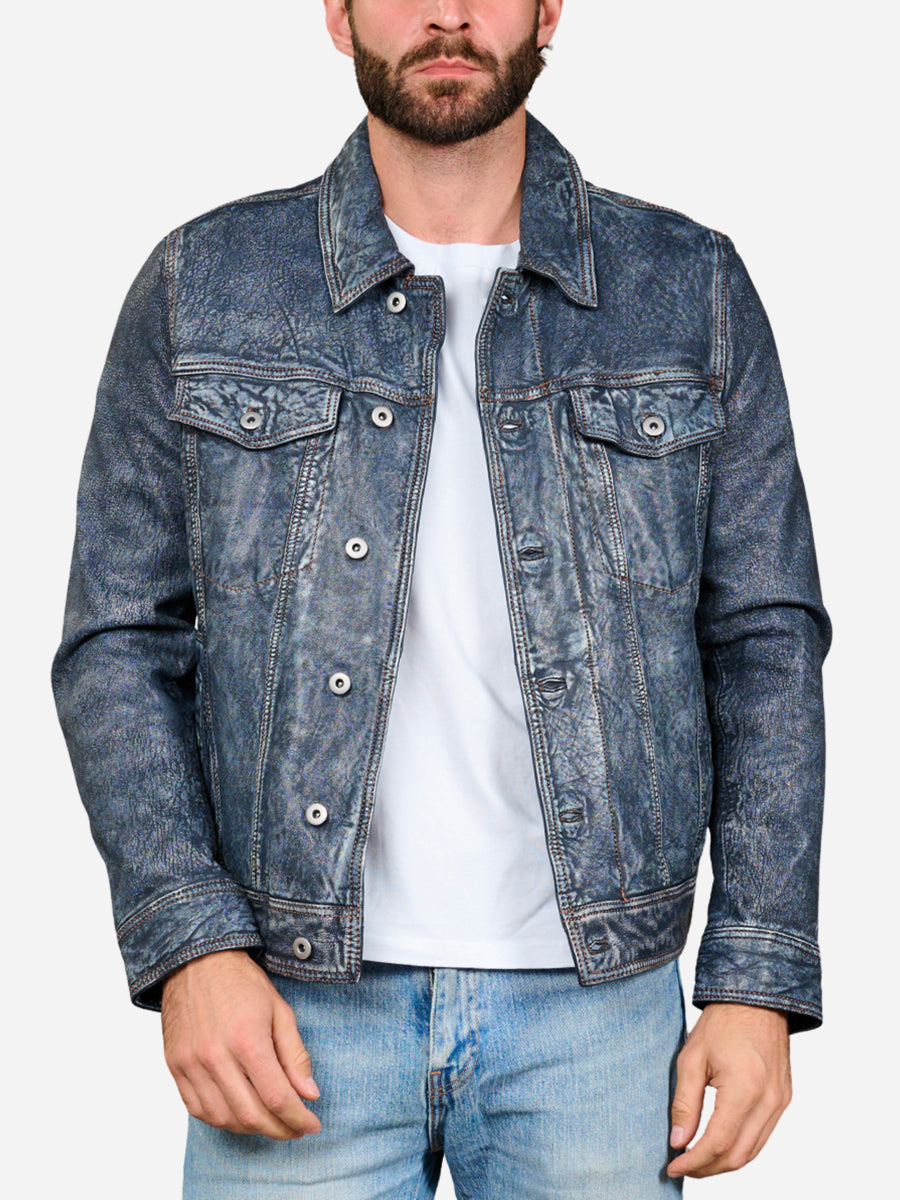 Hudson Trucker Blue Leather Jacket Daroosh