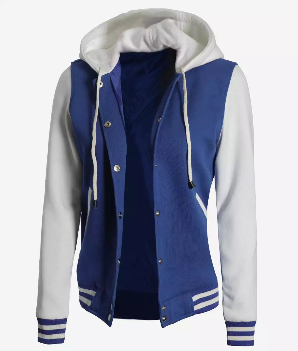 Women's Royal Blue and White Hooded Baseball Letterman Jacket - Varsity Style Daroosh