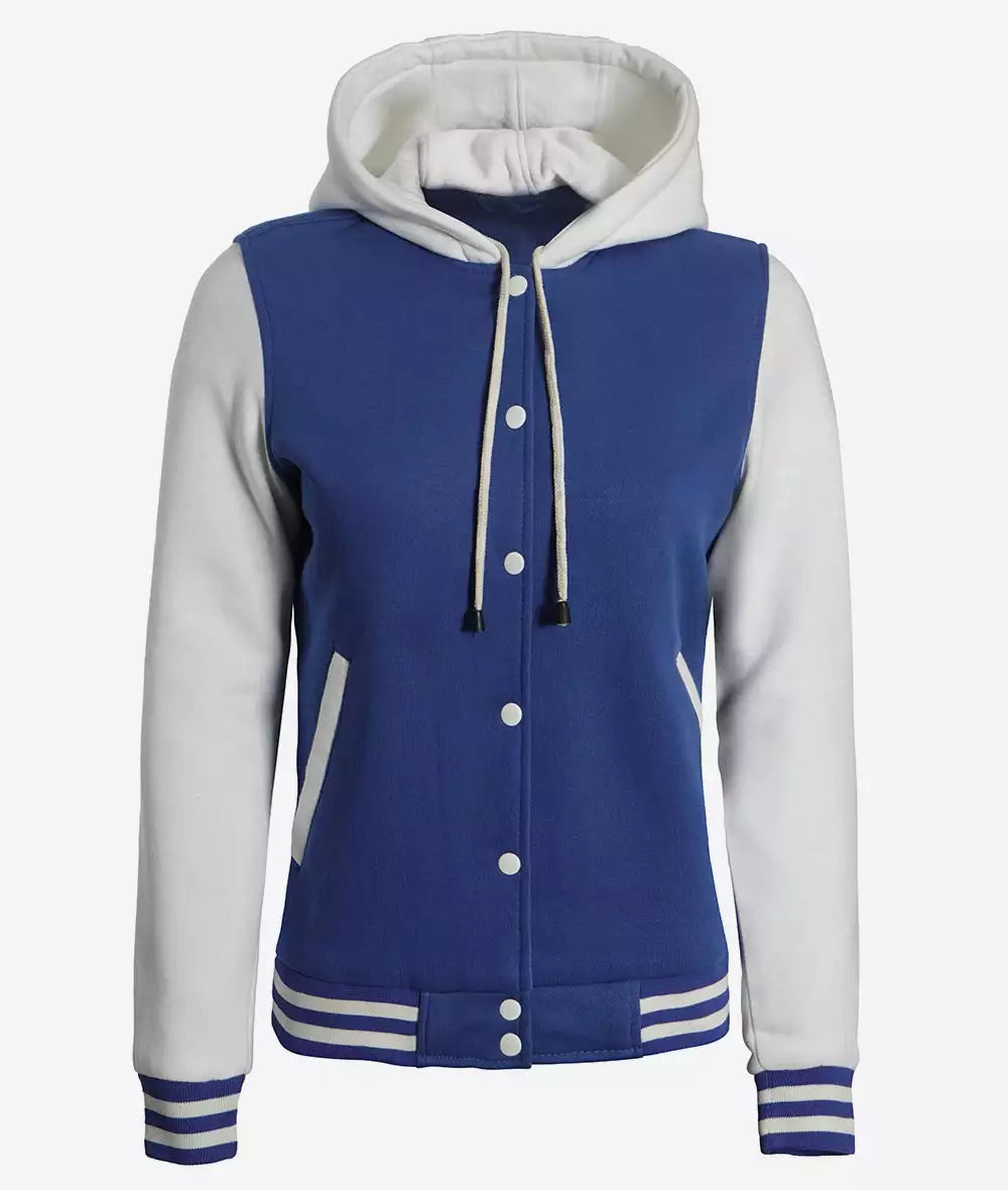 Women's Royal Blue and White Hooded Baseball Letterman Jacket - Varsity Style Daroosh