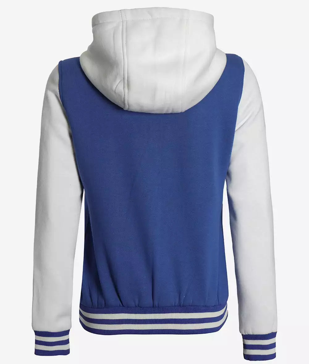 Women's Royal Blue and White Hooded Baseball Letterman Jacket - Varsity Style Daroosh