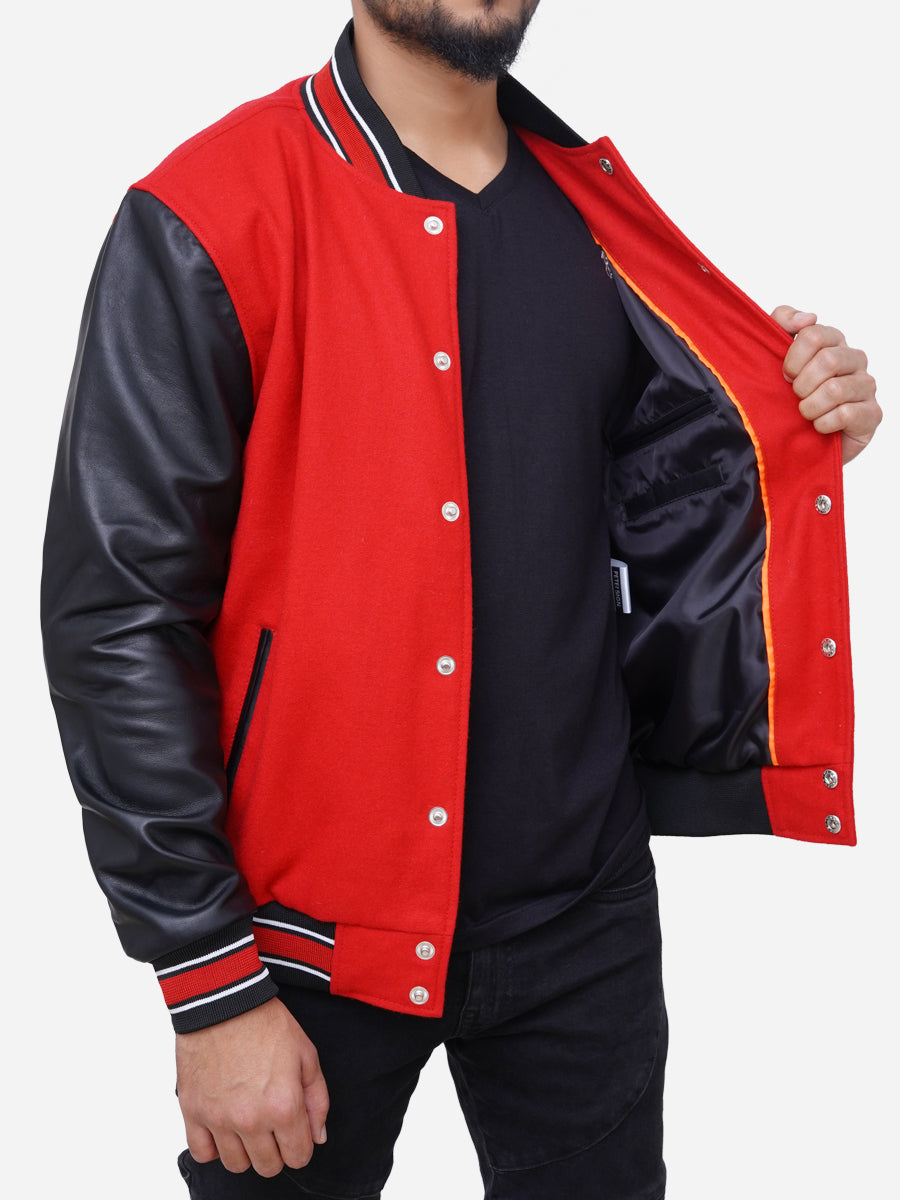 Izael Wool Blended Red and Black Varsity Jacket Daroosh